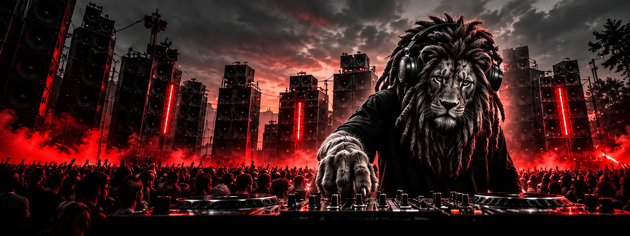 Lion DJ ARTKORE devant un mur de sound system